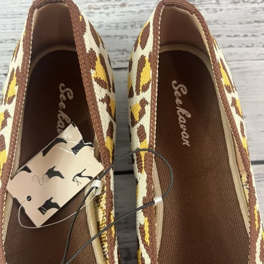 See Havan Loafers Flats Shoes sz 6.5 Brown Gold Cheetah Leopard Stretch Comfort